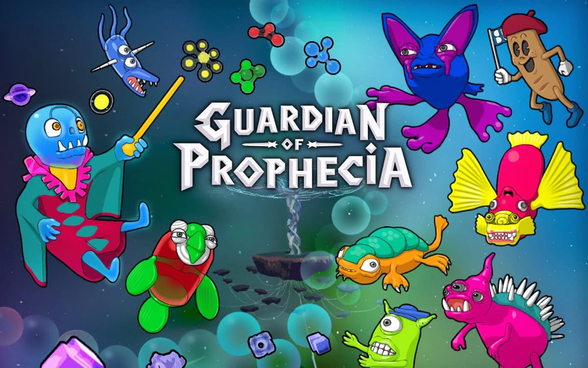 Illustration de Guardian of Prophecia : le titre du jeu au milieu de ses créatures, sur fond de nébuleuse